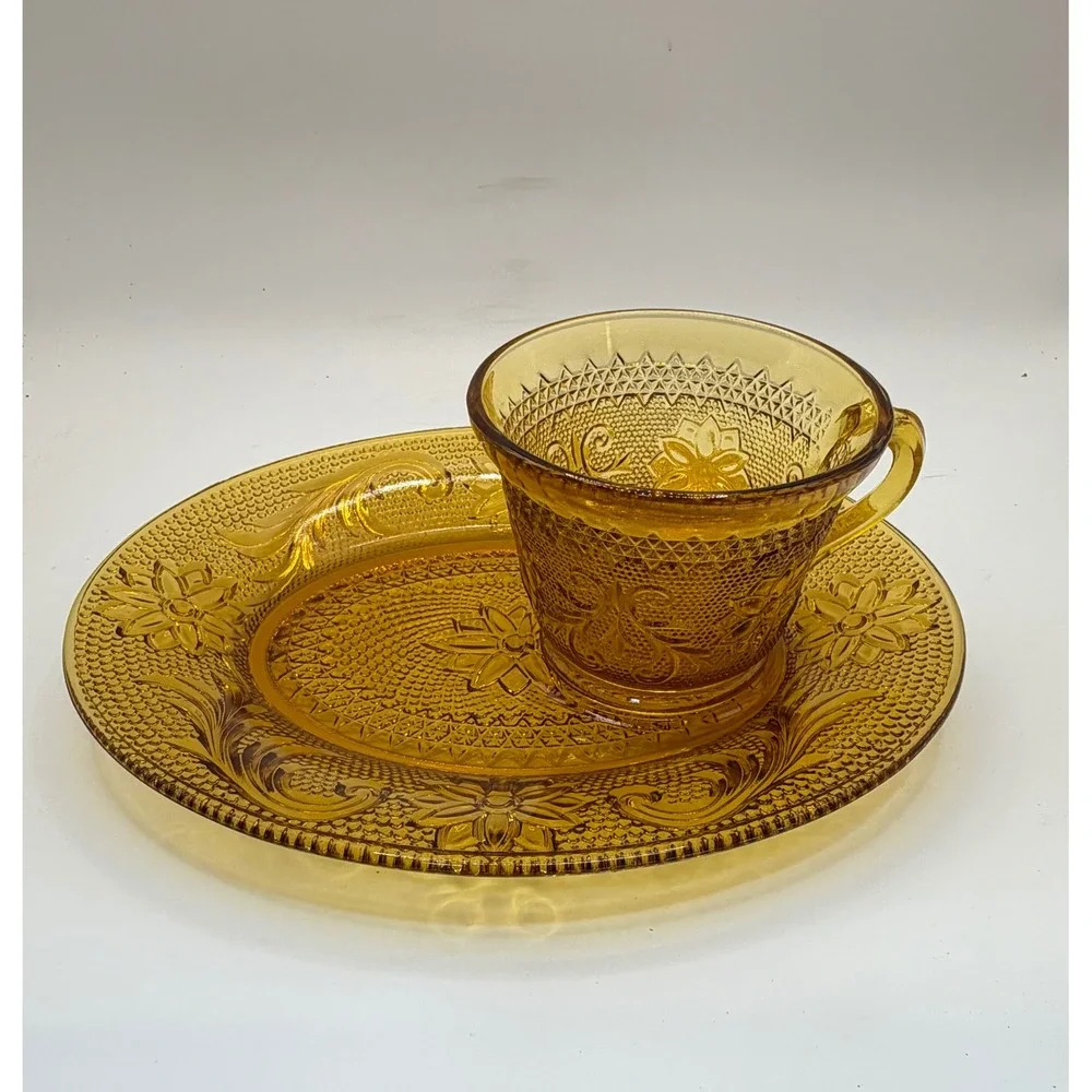 Tiara Indiana Glass Sandwich Amber Snack Set Tea Cup Plate Vintage Amber Gold